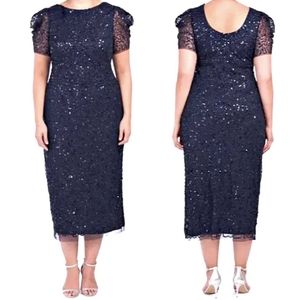 Adrianna Papell Size 18W Navy Blue Sequin Short Sheer Puff Sleeve Maxi Dress NEW